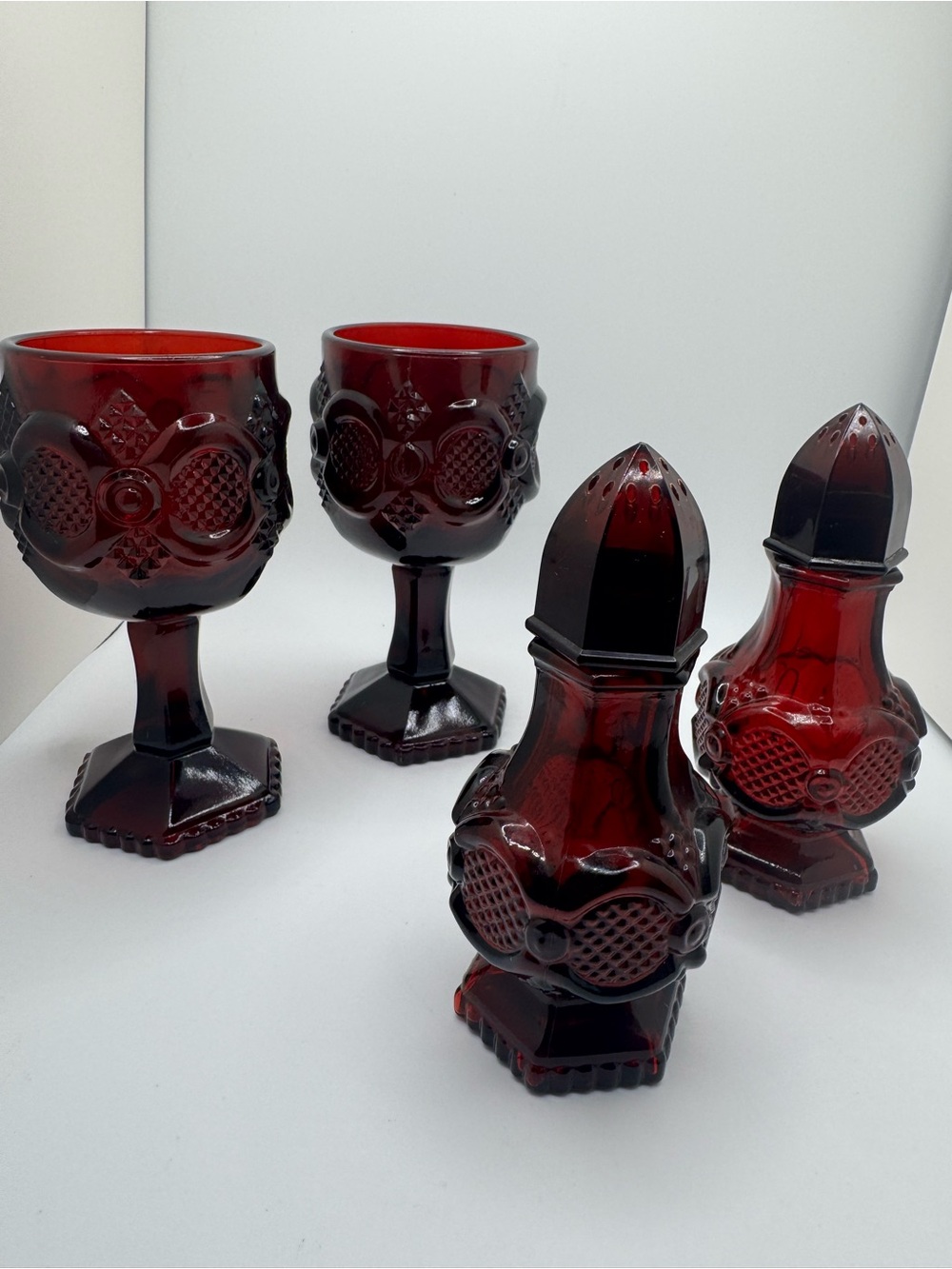 Vintage Avon Ruby Red Pressed Glass Small Goblets and Shakers Set